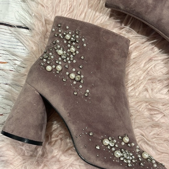 Zara Bejeweled Pink Velvet Zip Front Booties - Picture 3 of 12